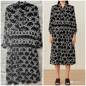 HAN QUEER Chic Black and White Long-Sleeves Chain-link pattern Pussybow Dress